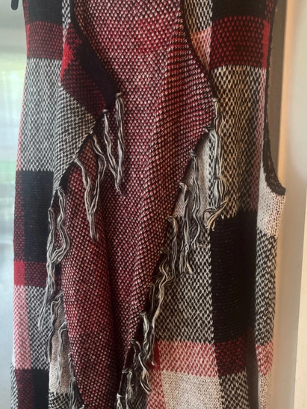 Chadwicks Red, Black & Cream Plaid Fringe Open-Front Vest